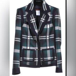 ESCADA Women's Plaid Wool Blazer Jacket - Green and Blue Size:38